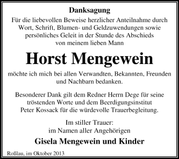 Traueranzeige von Horst Mengewin von Super Sonntag Dessau / Köthen