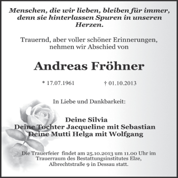 Traueranzeige von Andreas Fröhner von Super Sonntag Dessau / Köthen
