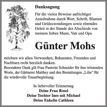 Traueranzeige von Günter Mohs von Super Sonntag Dessau / Köthen