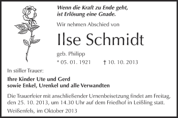 Traueranzeige von Ilse Schmidt von WVG - Wochenspiegel NMB / WSF / ZTZ
