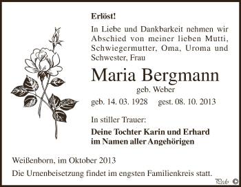 Traueranzeige von Maria Bergmann von Super Sonntag Zeitz