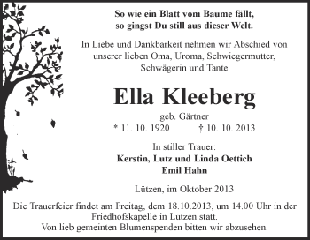 Traueranzeige von Ella Kleeberg von Super Sonntag Merseburg