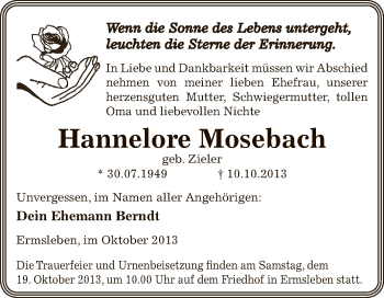 Traueranzeige von Hannelore Mosebach von Wochenspiegel Mansfelder Land