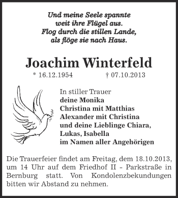 Traueranzeige von Joachim Winterfeld von Super Sonntag Bernburg