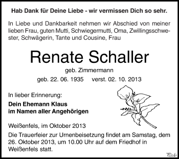 Traueranzeige von Renate Schaller von WVG - Wochenspiegel NMB / WSF / ZTZ