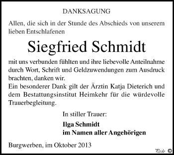 Traueranzeige von Siegfried Schmidt von WVG - Wochenspiegel NMB / WSF / ZTZ