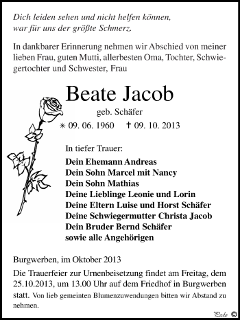 Traueranzeige von Beate Jacob von WVG - Wochenspiegel NMB / WSF / ZTZ