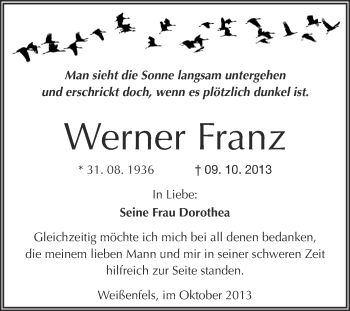 Traueranzeige von Werner Franz von WVG - Wochenspiegel NMB / WSF / ZTZ