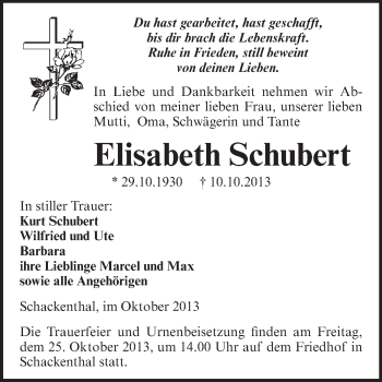 Traueranzeige von Elisabeth Schubert von Super Sonntag Aschersleben