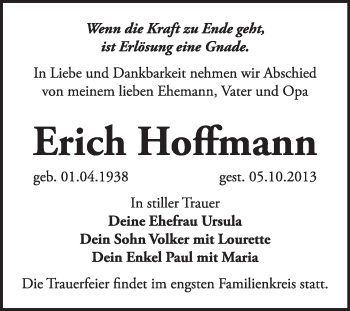 Traueranzeige von Erich Hoffmann von Super Sonntag Dessau / Köthen