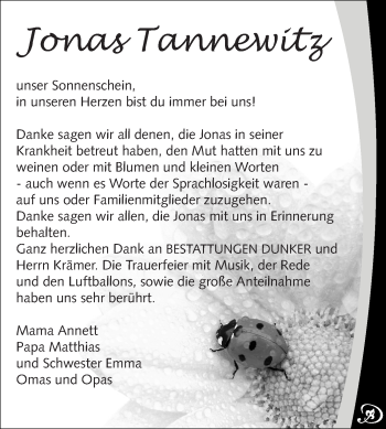 Traueranzeige von Jonas Tannewitz von WVG - Wochenspiegel NMB / WSF / ZTZ