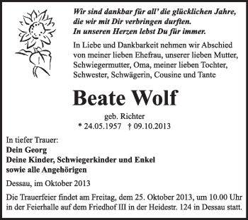 Traueranzeige von Beate Wolf von Super Sonntag Dessau / Köthen