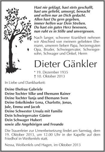 Traueranzeige von Dieter Gränkler von WVG - Wochenspiegel NMB / WSF / ZTZ