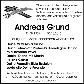 Traueranzeige von Andreas Grund von WVG - Wochenspiegel Quedlinburg