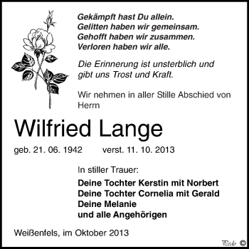 Traueranzeige von Wilfried Lange von WVG - Wochenspiegel NMB / WSF / ZTZ