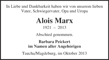 Traueranzeige von Alois Marx von WVG - Wochenspiegel NMB / WSF / ZTZ