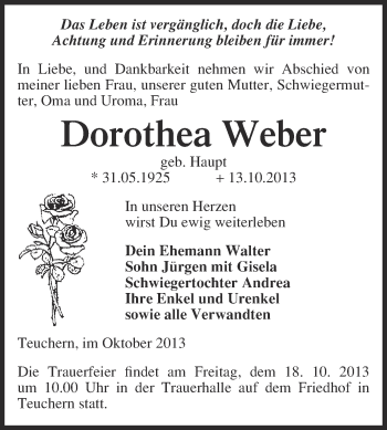 Traueranzeige von Dorothea Weber von WVG - Wochenspiegel NMB / WSF / ZTZ