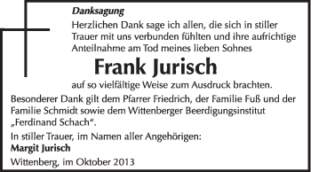 Traueranzeige von Frank Jurisch von WVG - Wochenspiegel Wittenberg