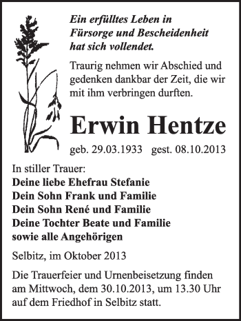 Traueranzeige von Erwin Hentze von WVG - Wochenspiegel Wittenberg
