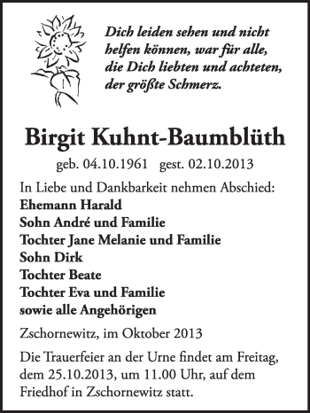 Traueranzeige von Birgit Kuhnt-Baumblüth von WVG - Wochenspiegel Wittenberg