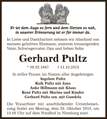 Traueranzeige von Gerhard Pultz von Super Sonntag Bernburg