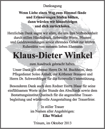 Traueranzeige von Klaus-Dieter Winkel von Super Sonntag Dessau / Köthen