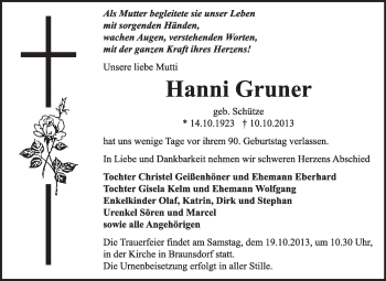Traueranzeige von Hanni Gruner von Super Sonntag Wittenberg