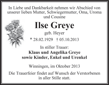 Traueranzeige von Ilse Greye von WVG - Wochenspiegel Aschersleben