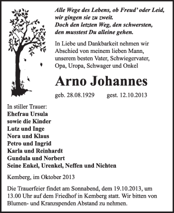 Traueranzeige von Arno Johannes von WVG - Wochenspiegel Wittenberg