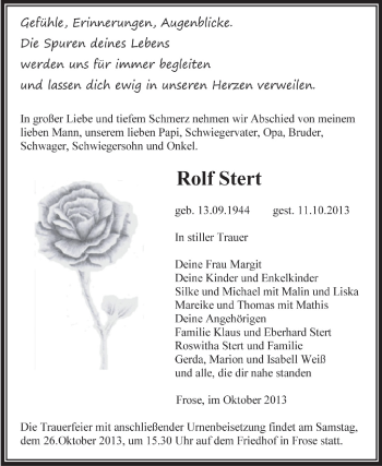 Traueranzeige von Rofl Stern von WVG - Wochenspiegel Aschersleben