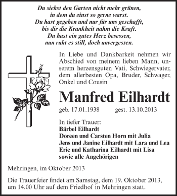 Traueranzeige von Manfred Eilhard von WVG - Wochenspiegel Aschersleben