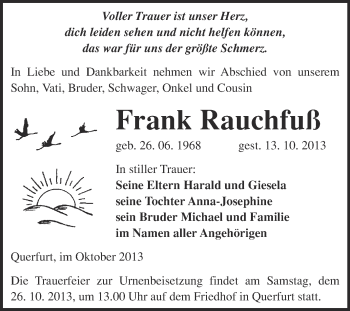 Traueranzeige von Frank Rauchfuß von WVG - Wochenspiegel Merseburg
