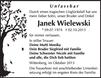 Traueranzeige von Janek Wielewski von WVG - Wochenspiegel Wittenberg