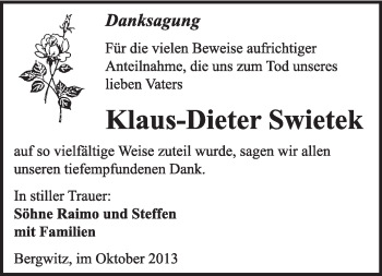 Traueranzeige von Klaus-Dieter Swietek von WVG - Wochenspiegel Wittenberg