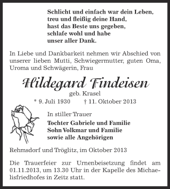 Traueranzeige von Hildegard Findeisen von Super Sonntag Zeitz