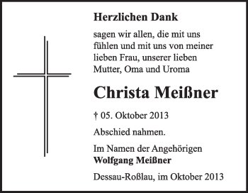 Traueranzeige von Christa Meißner von Super Sonntag Dessau / Köthen