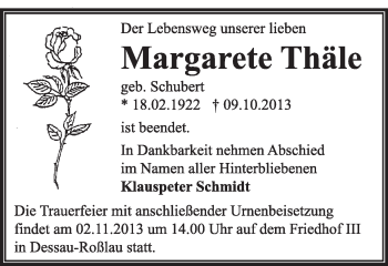 Traueranzeige von Margarete Thäle von Super Sonntag Dessau / Köthen