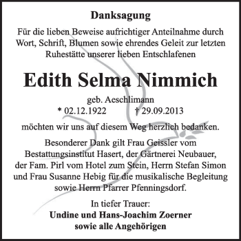 Traueranzeige von Edith Selma Nimmich von Super Sonntag Wittenberg