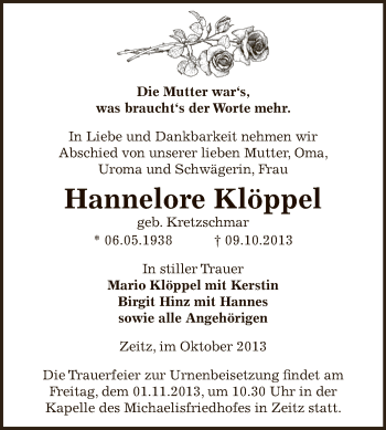 Traueranzeige von Hannelore Klöppel von Super Sonntag Zeitz