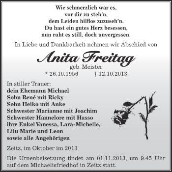 Traueranzeige von Anita Freitag von Super Sonntag Zeitz