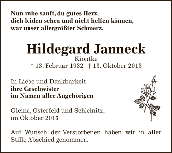 Traueranzeige von Hildegard Janneck von Super Sonntag Zeitz
