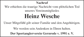 Traueranzeige von Heinz Wesche von Super Sonntag Quedlinburg