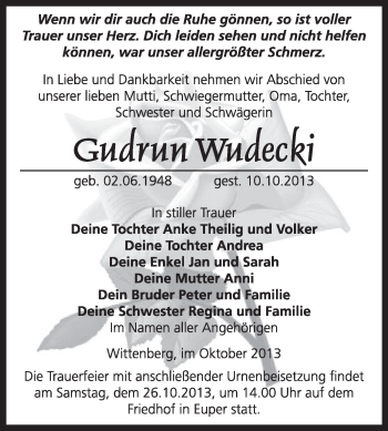 Traueranzeige von Gudrun Wudecki von WVG - Wochenspiegel Wittenberg