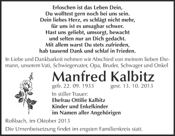 Traueranzeige von Manfred Kalbitz von WVG - Wochenspiegel Merseburg