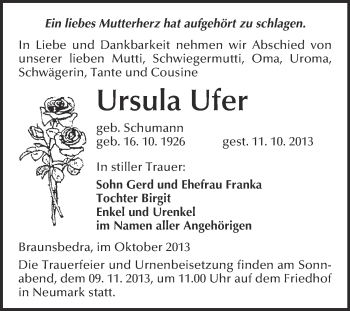 Traueranzeige von Ursula Ufer von WVG - Wochenspiegel Merseburg