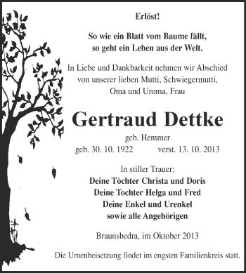 Traueranzeige von Gertraud Dettke von WVG - Wochenspiegel NMB / WSF / ZTZ