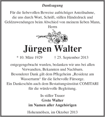 Traueranzeige von Jürgen Walter von WVG - Wochenspiegel NMB / WSF / ZTZ