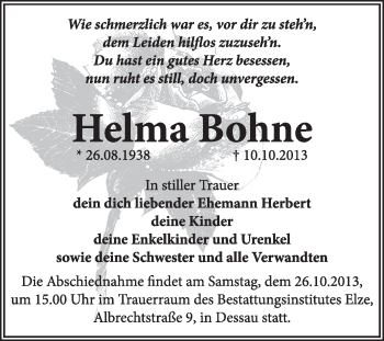 Traueranzeige von Helma Bohne von Super Sonntag Dessau / Köthen