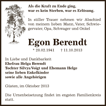 Traueranzeige von Egon Berendt von Super Sonntag Bernburg