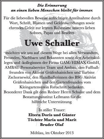 Traueranzeige von Uwe Schaller von WVG - Wochenspiegel Wittenberg